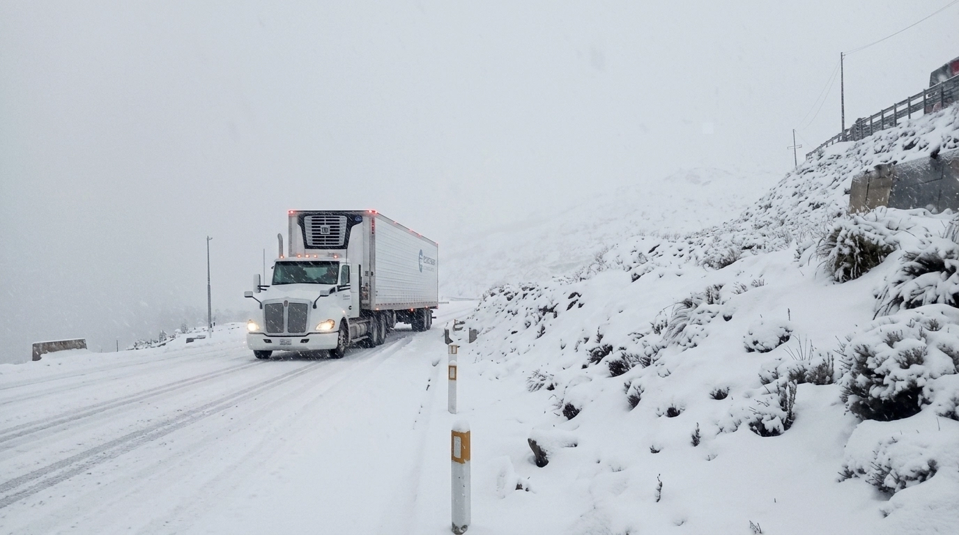 Camión distribuidor de Helados Piabelo transitando por la carretera de Ticlio, llevando helados al por mayor a todo el Perú